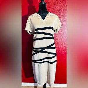 Adrienne Vittadini Beige Dress With Black Horizontal Strips, Size M